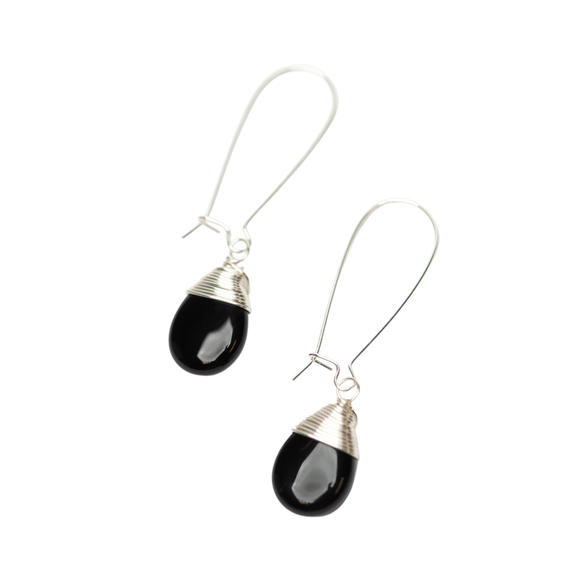 Black Onyx Teardrop Earrings in Silver by Forai