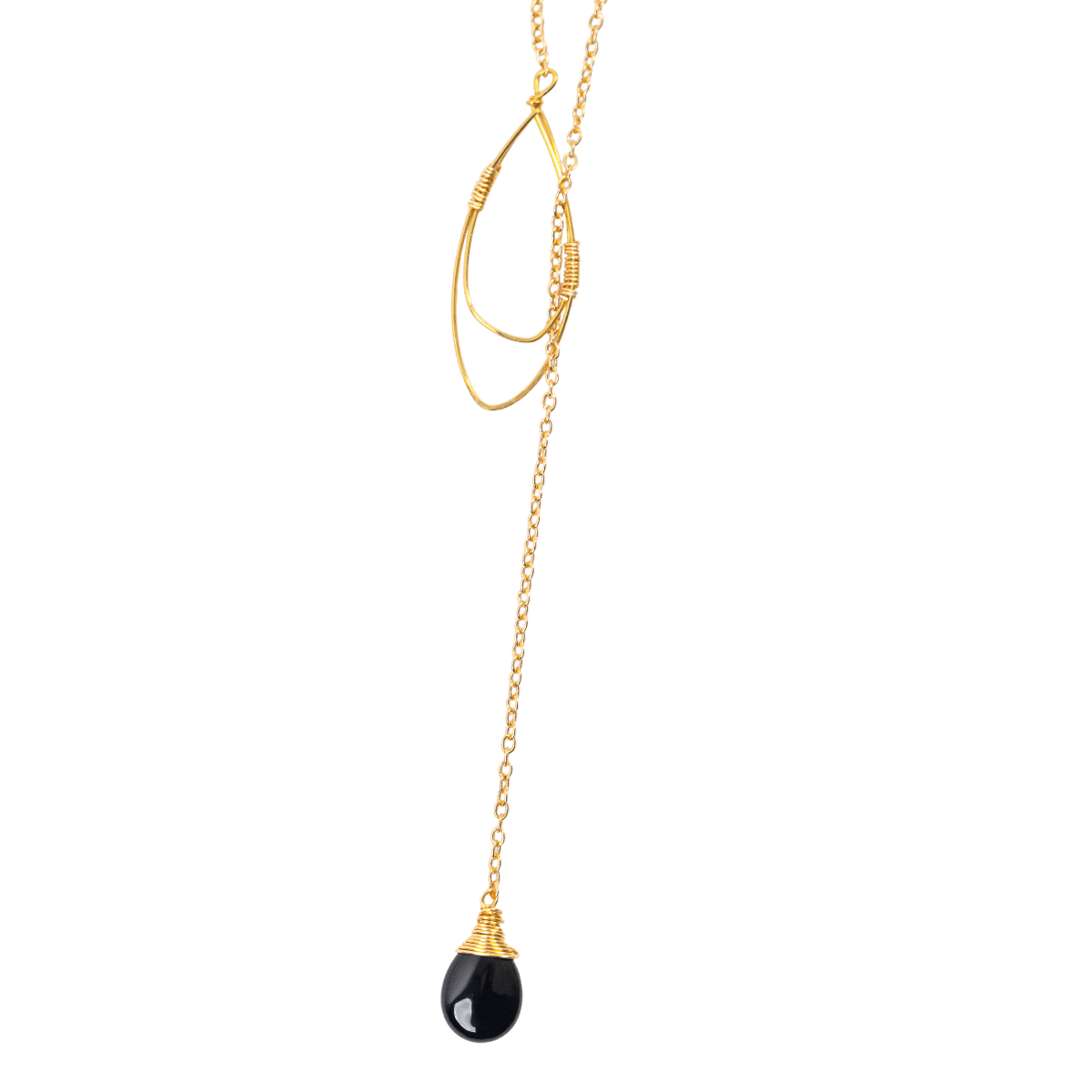 Black Onyx Teardrop Lariat Necklace in Gold